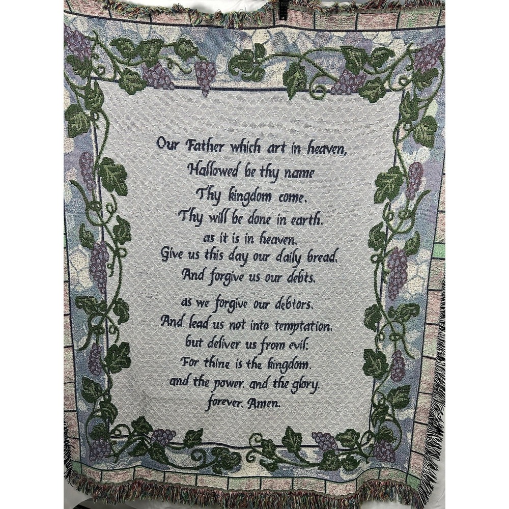 VTG The Lord's Prayer Woven Tapestry Throw Blanket Grapevine Border Cotton 48x60